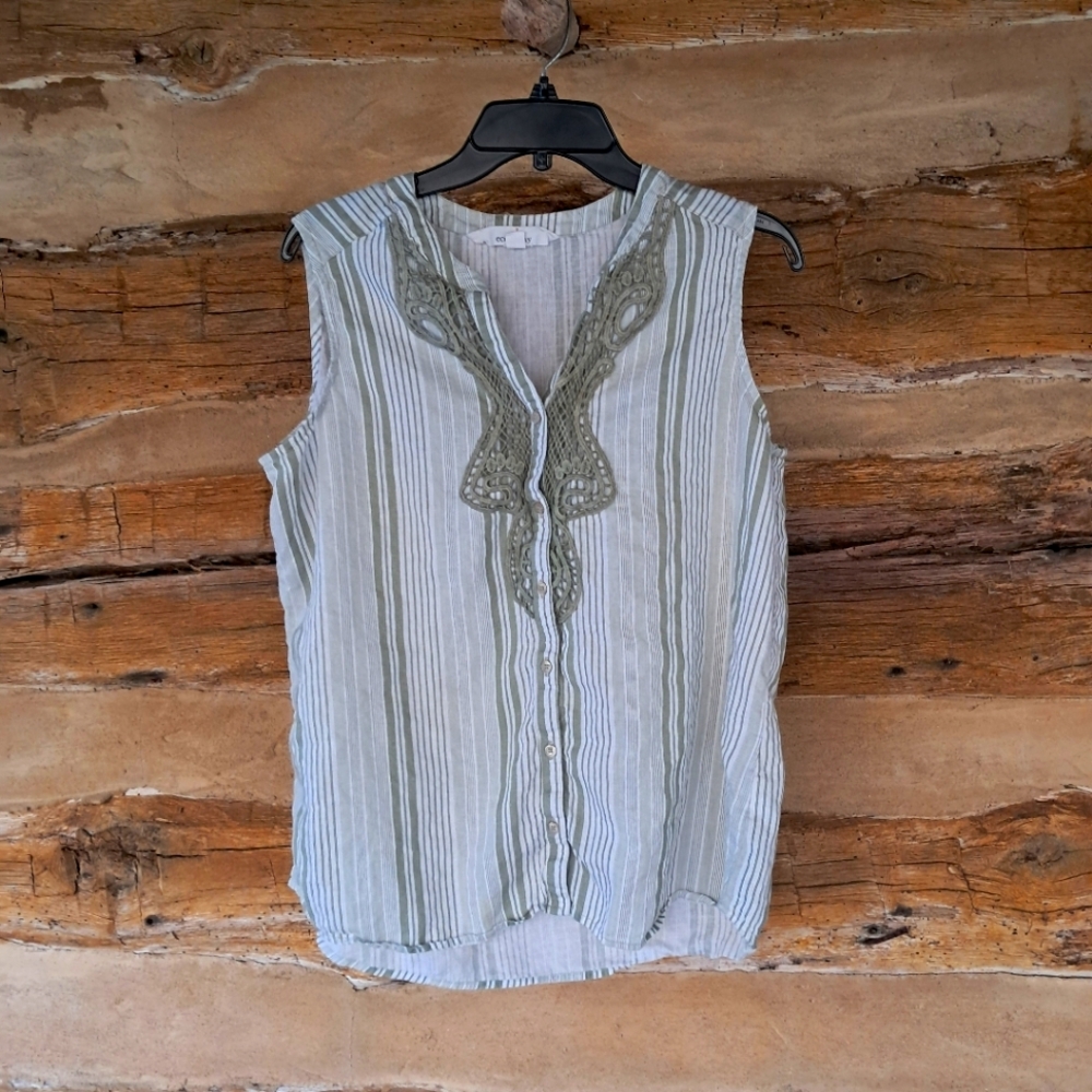 Ecco Bay Green Striped Sleeveless Split Neck Linen Rayon Shirt Size Large